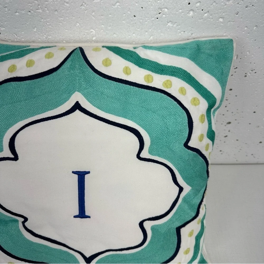 Pottery Barn Teen White Aqua Navy Blue Embroidered Throw Pillow 16x16”